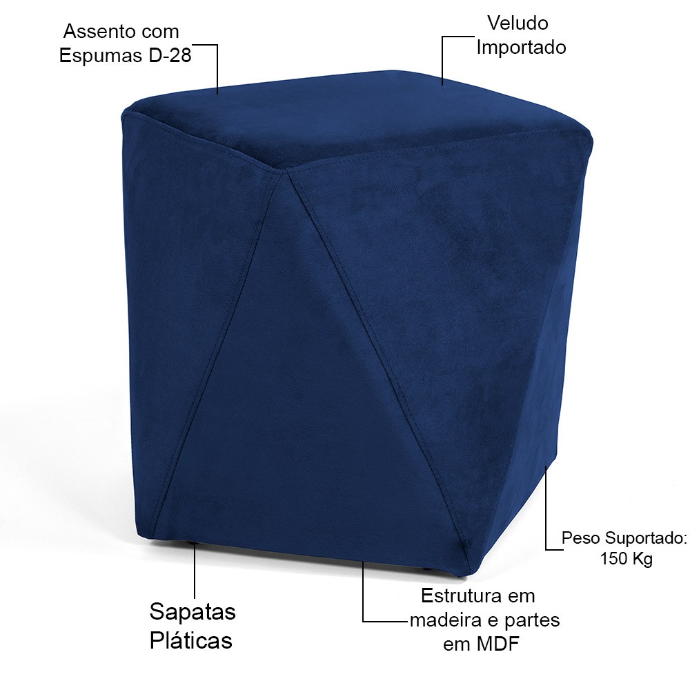 Puff Decorativo Para Sala de Estar Ametista D02 Veludo Azul Oxford C-304 - Lyam Decor