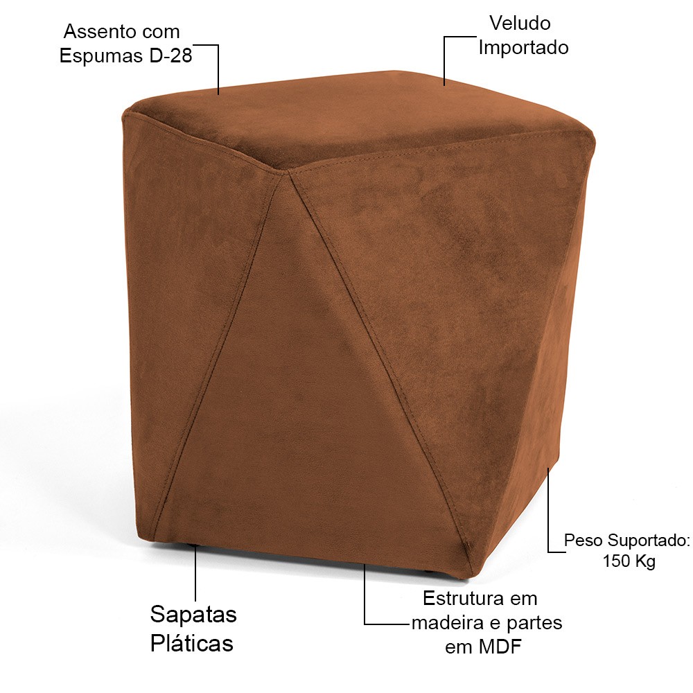 Puff Decorativo Para Sala de Estar Ametista D02 Veludo Telha C-262 - Lyam Decor