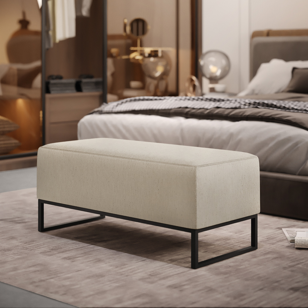 Puff Decorativo Para Sala de Estar Cléo W01 Base de Ferro 90 cm Linho Bege - Lyam Decor
