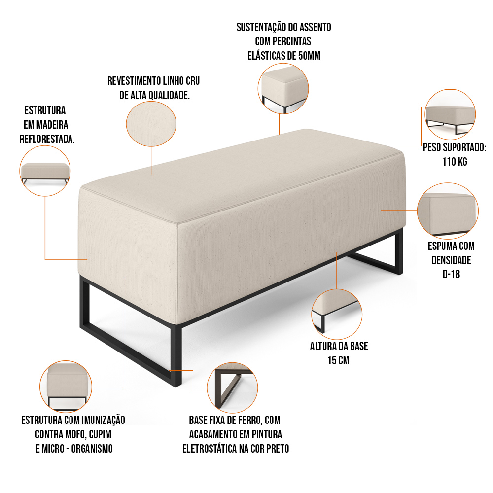 Puff Decorativo Para Sala de Estar Cléo W01 Base de Ferro 90 cm Linho Cru - Lyam Decor
