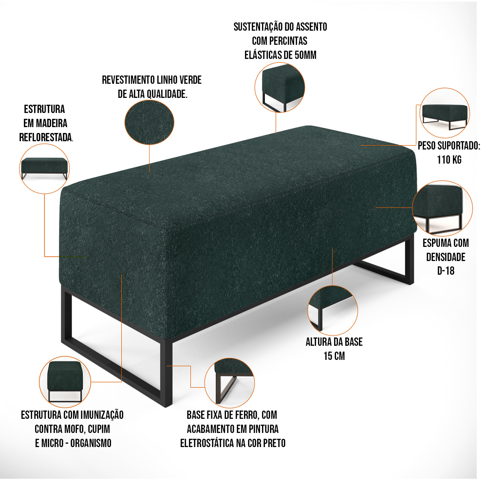 Puff Decorativo Para Sala de Estar Cléo W01 Base de Ferro 90 cm Linho Verde Musgo - Lyam Decor
