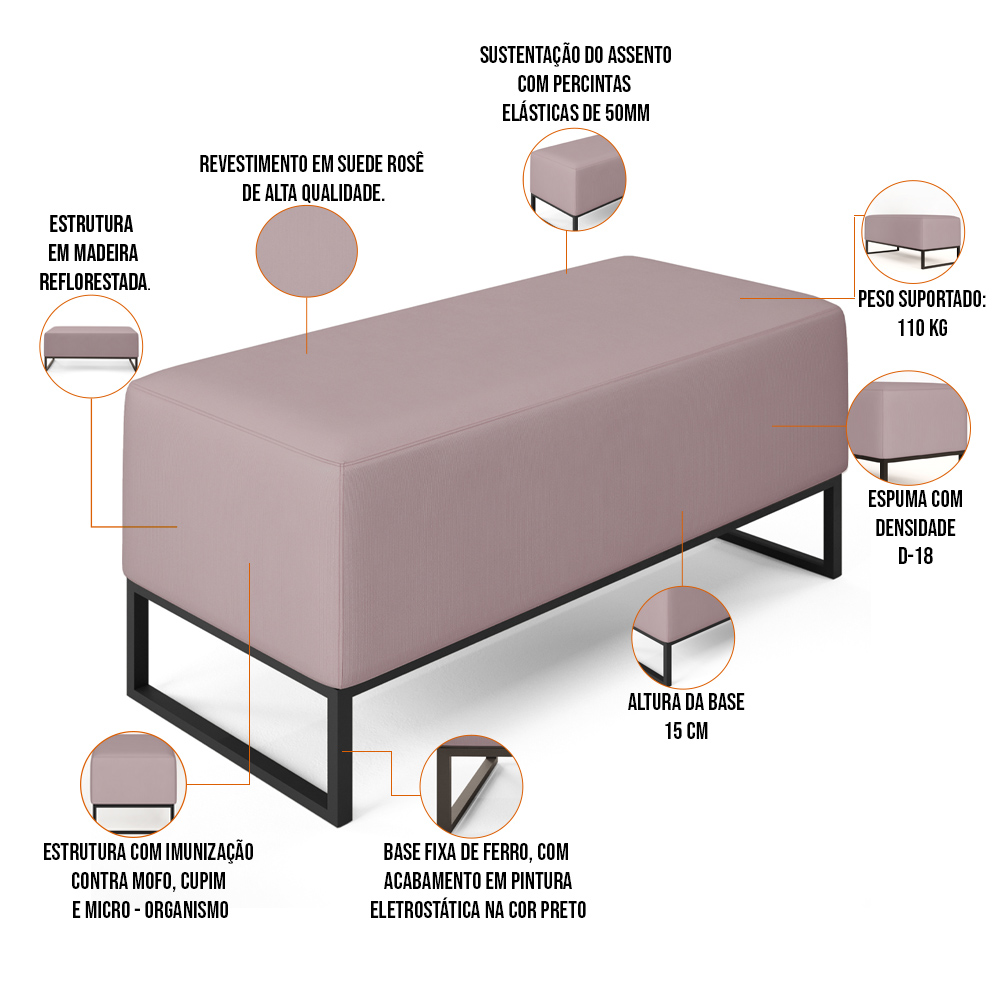 Puff Decorativo Para Sala de Estar Cléo W01 Base de Ferro 90 cm Suede Rosê - Lyam Decor