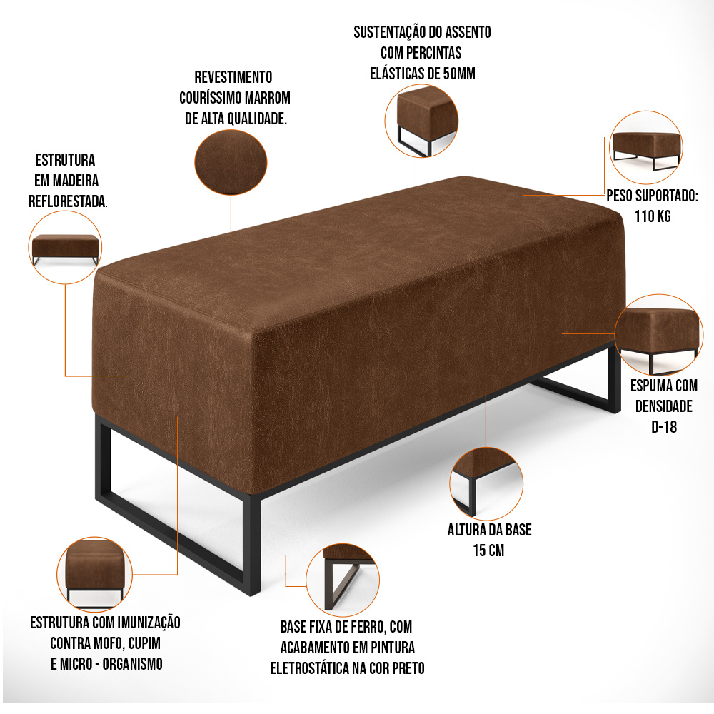 Puff Decorativo Para Sala de Estar Cléo W01 Base de Ferro 90cm Couríssimo Marrom - Lyam Decor