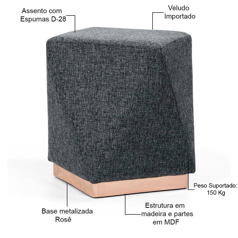 Puff Decorativo Para Sala de Estar Com Base Aço Ametista D02 Linho Chumbo D-469 - Lyam Decor