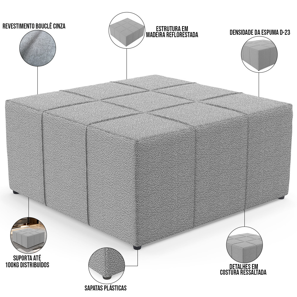 Puff Decorativo Para Sala de Estar Quadrado Milano 90x90cm W01 Bouclê Cinza - Lyam Decor