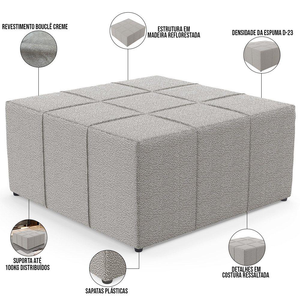 Puff Decorativo Para Sala de Estar Quadrado Milano 90x90cm W01 Bouclê Creme - Lyam Decor