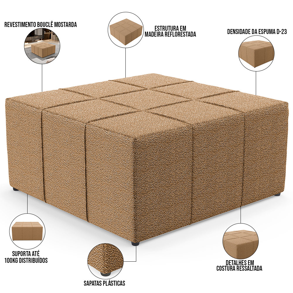 Puff Decorativo Para Sala de Estar Quadrado Milano 90x90cm W01 Bouclê Mostarda - Lyam Decor