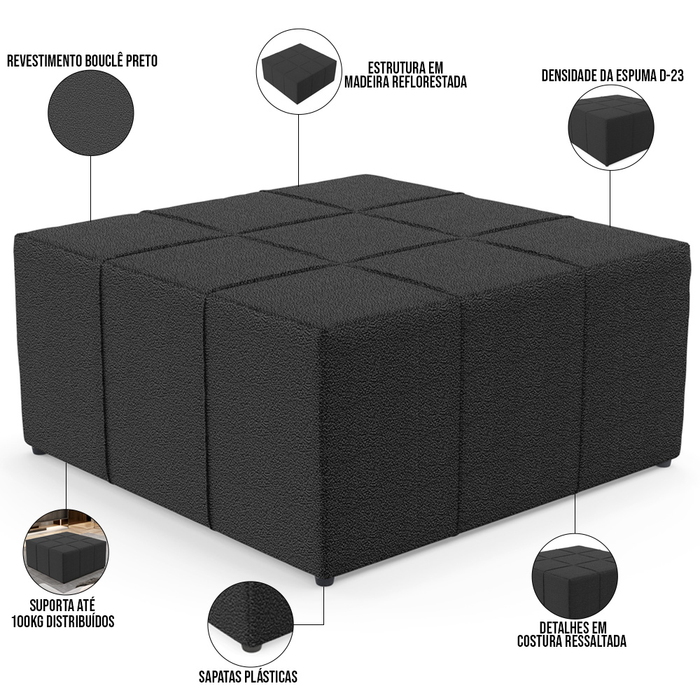 Puff Decorativo Para Sala de Estar Quadrado Milano 90x90cm W01 Bouclê Preto - Lyam Decor