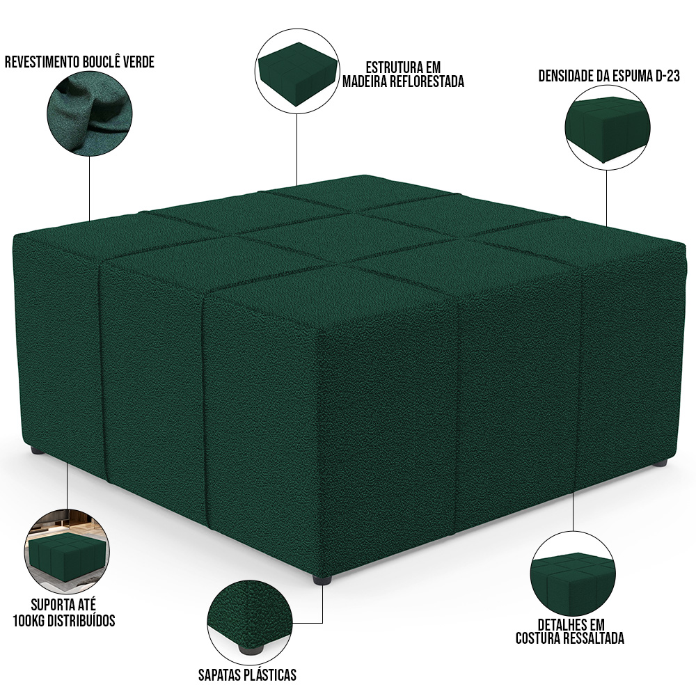 Puff Decorativo Para Sala de Estar Quadrado Milano 90x90cm W01 Bouclê Verde - Lyam Decor