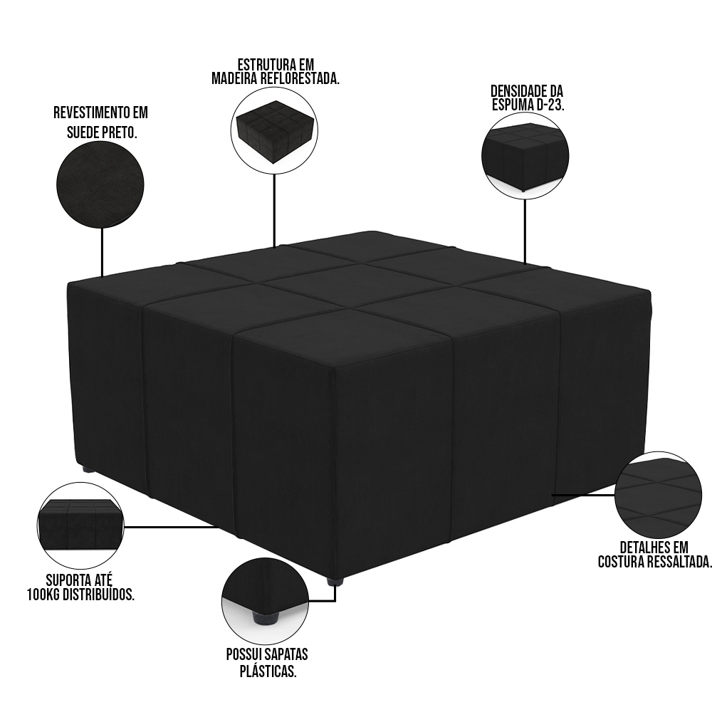 Puff Decorativo Para Sala de Estar Quadrado Milano 90x90cm W01 Suede Preto - Lyam Decor