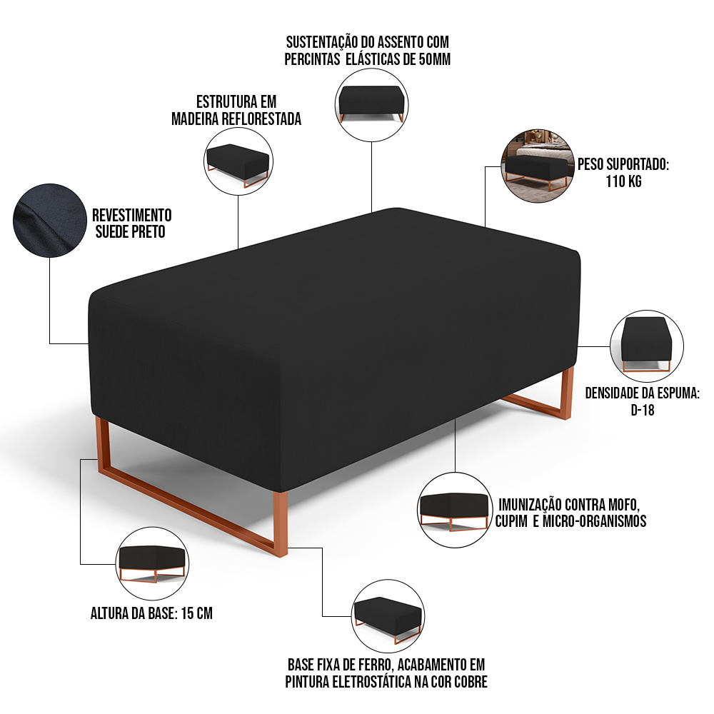 Puff Decorativo Sala De Estar Cléo 90cm Base De Ferro Cobre W01 Suede Preto - Lyam Decor