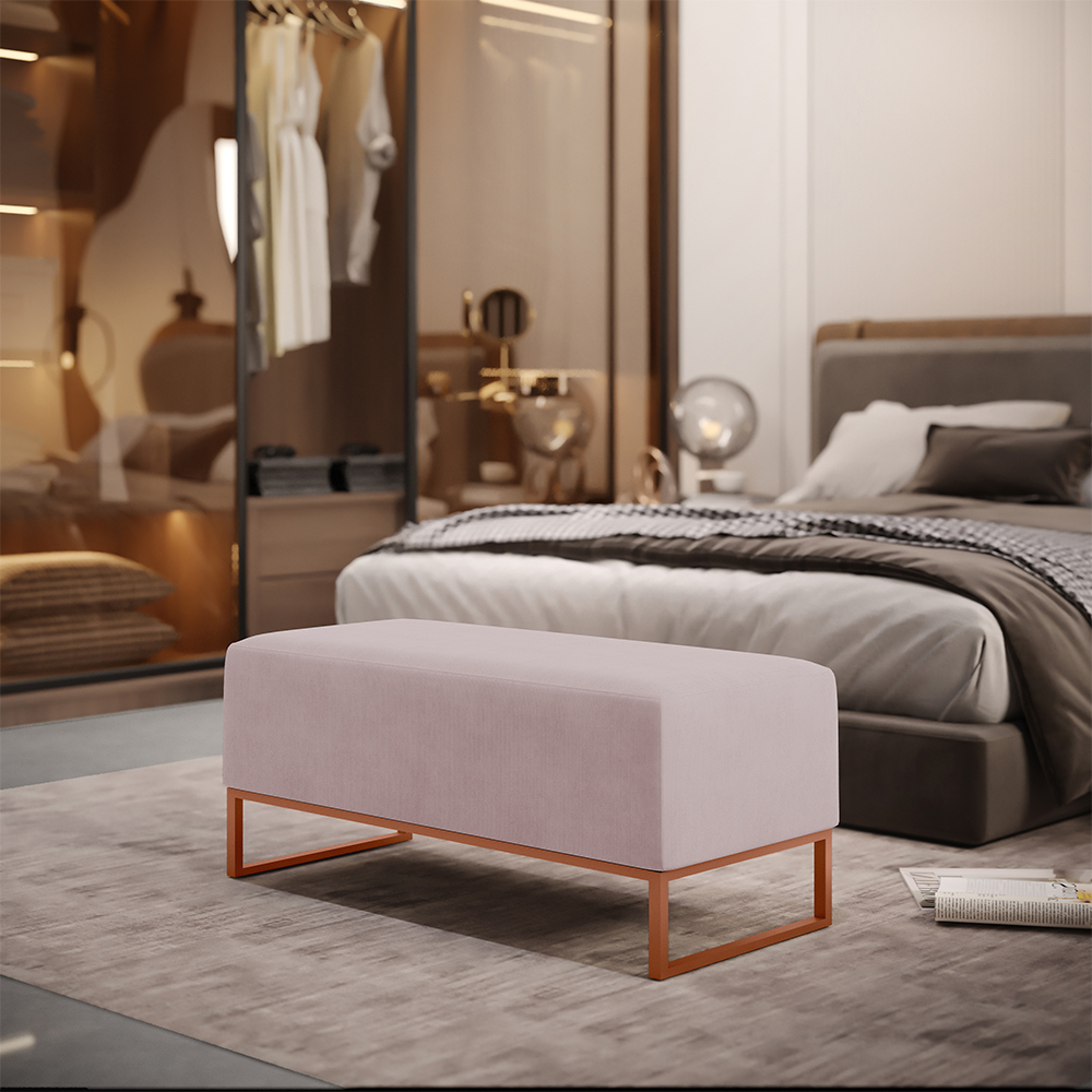 Puff Decorativo Sala De Estar Cléo 90cm Base De Ferro Cobre W01 Suede Rosê - Lyam Decor