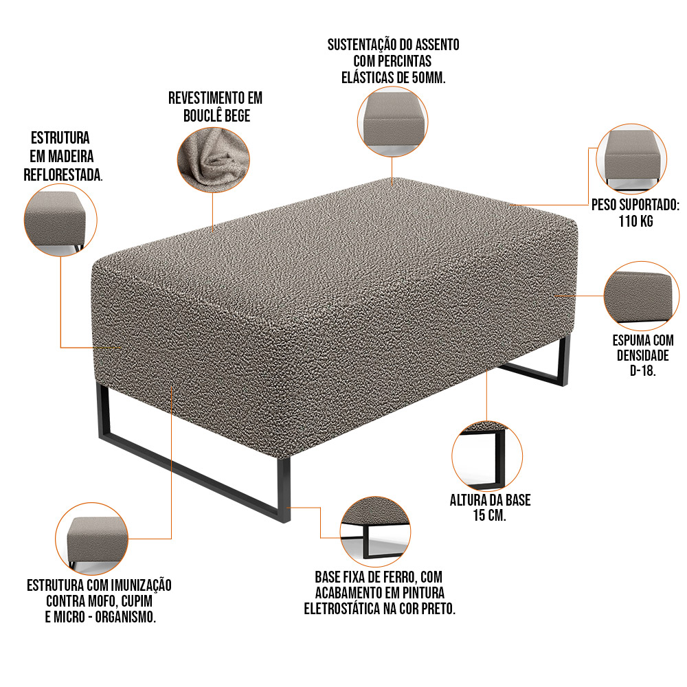 Puff Decorativo Sala De Estar Cléo 90cm Base De Ferro Preto W01 Bouclê Bege - Lyam Decor