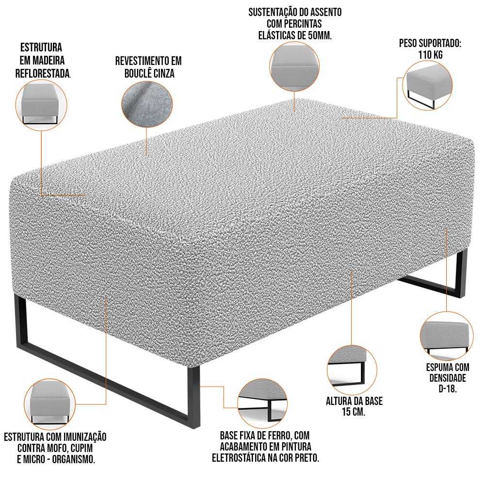 Puff Decorativo Sala De Estar Cléo 90cm Base De Ferro Preto W01 Bouclê Cinza - Lyam Decor