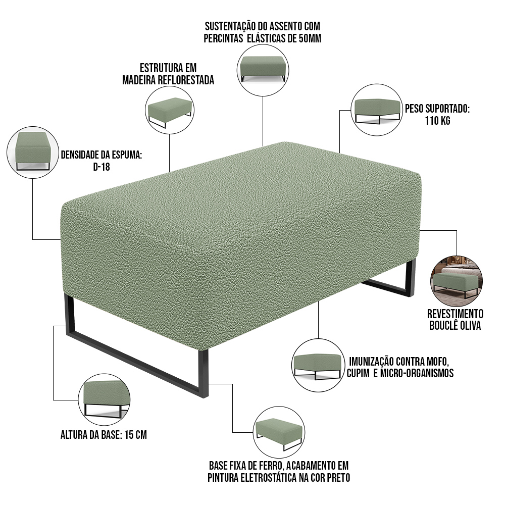 Puff Decorativo Sala De Estar Cléo 90cm Base De Ferro Preto W01 Bouclê Oliva - Lyam Decor