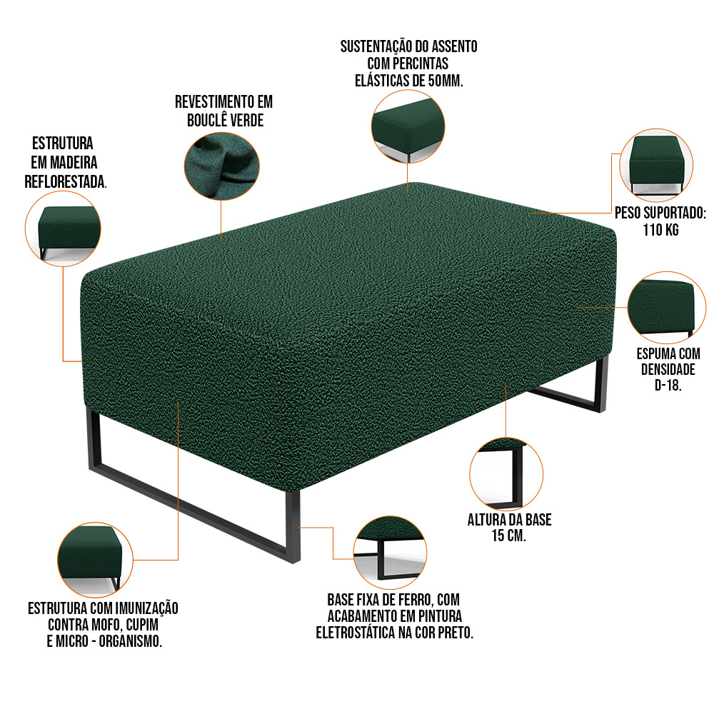 Puff Decorativo Sala De Estar Cléo 90cm Base De Ferro Preto W01 Bouclê Verde - Lyam Decor