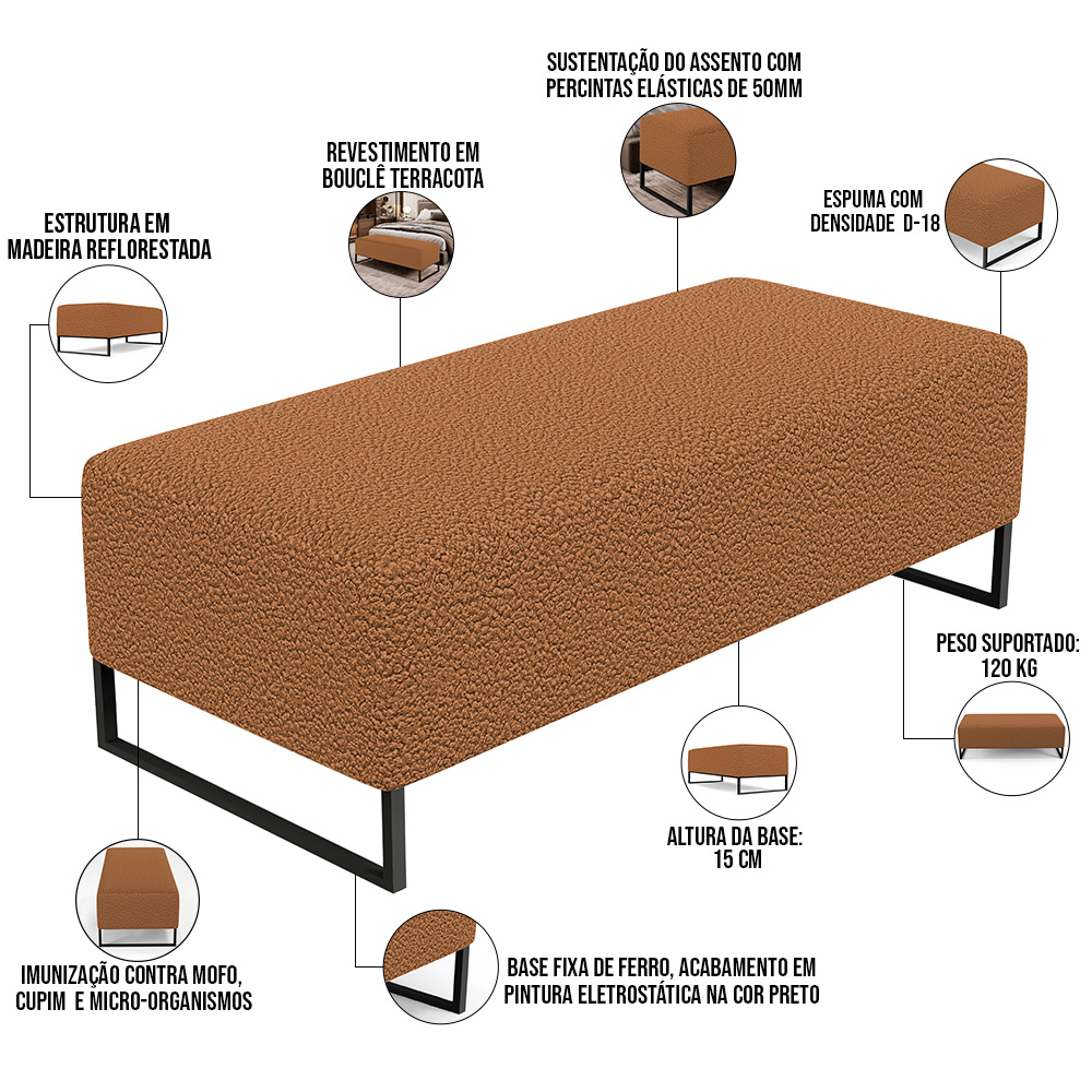 Puff Decorativo Sala de Estar Bali W01 Base Ferro 120x50 cm Bouclê Terracota - Lyam Decor