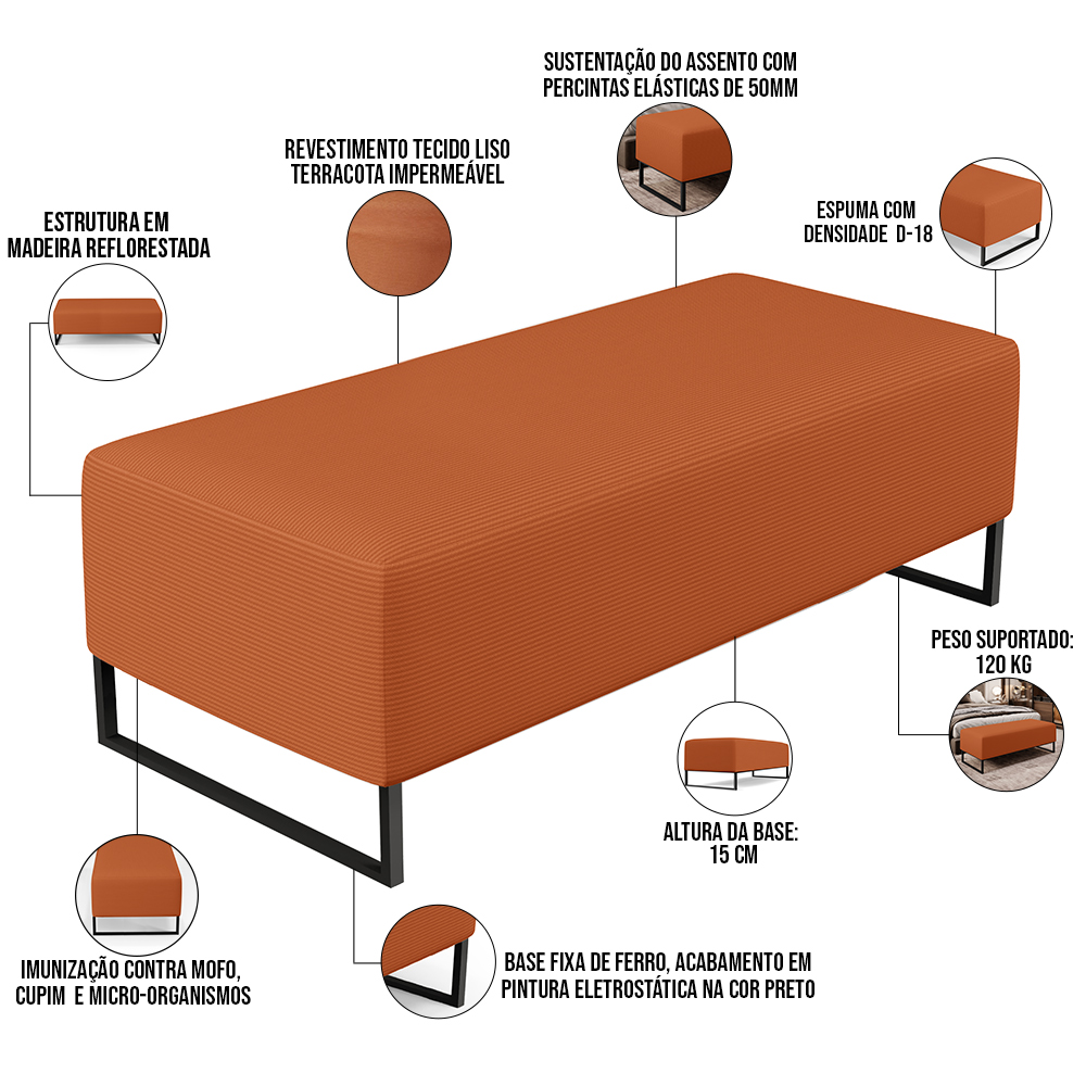 Puff Decorativo Sala de Estar Bali W01 Base Ferro 120x50 cm Tecido Terracota - Lyam Decor