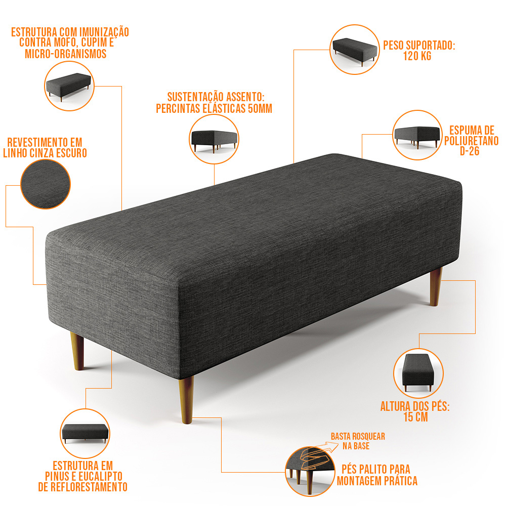 Puff Decorativo Sala de Estar Bali W01 Pés Palito 120x50 cm Linho Cinza Escuro - Lyam Decor