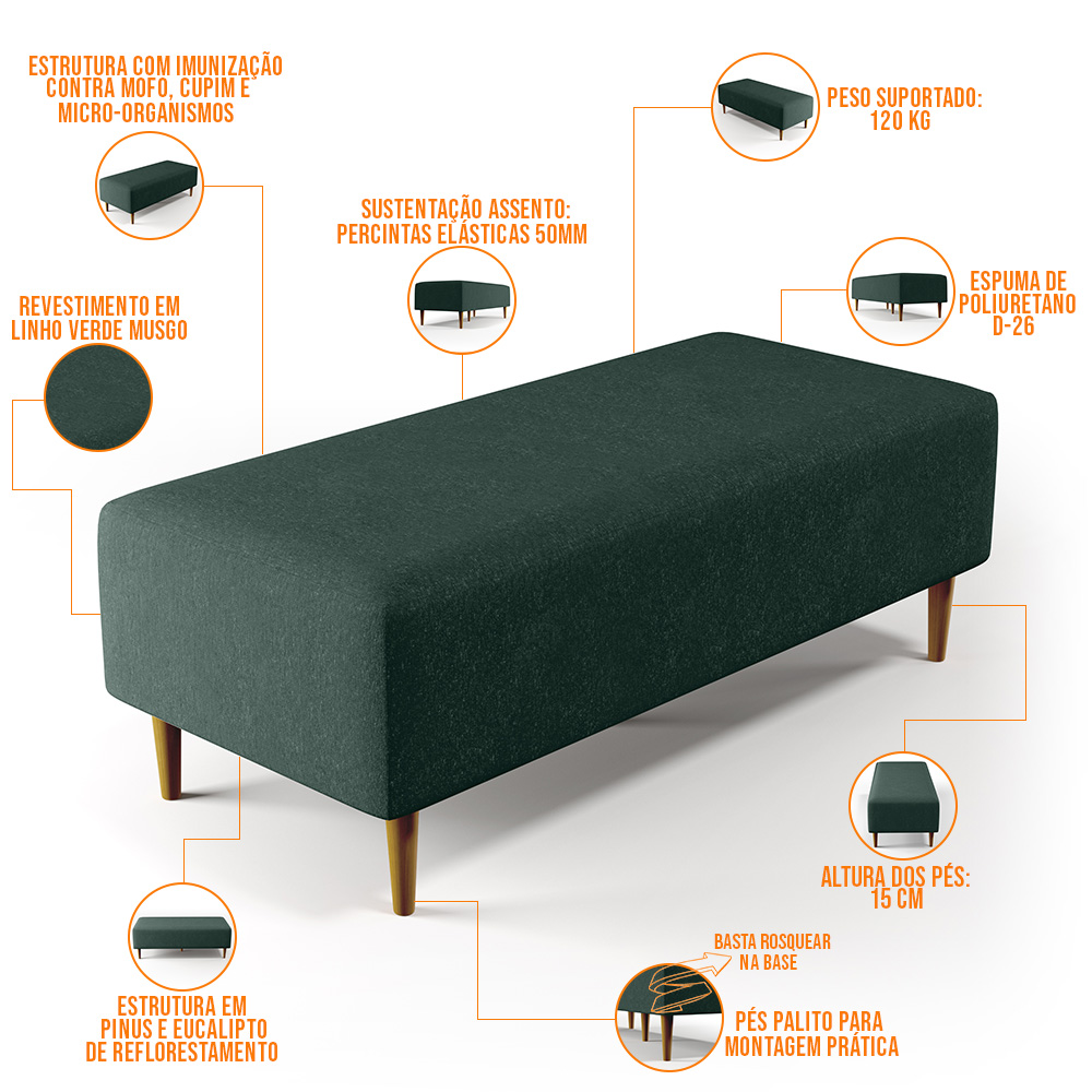 Puff Decorativo Sala de Estar Bali W01 Pés Palito 120x50 cm Linho Verde Musgo - Lyam Decor