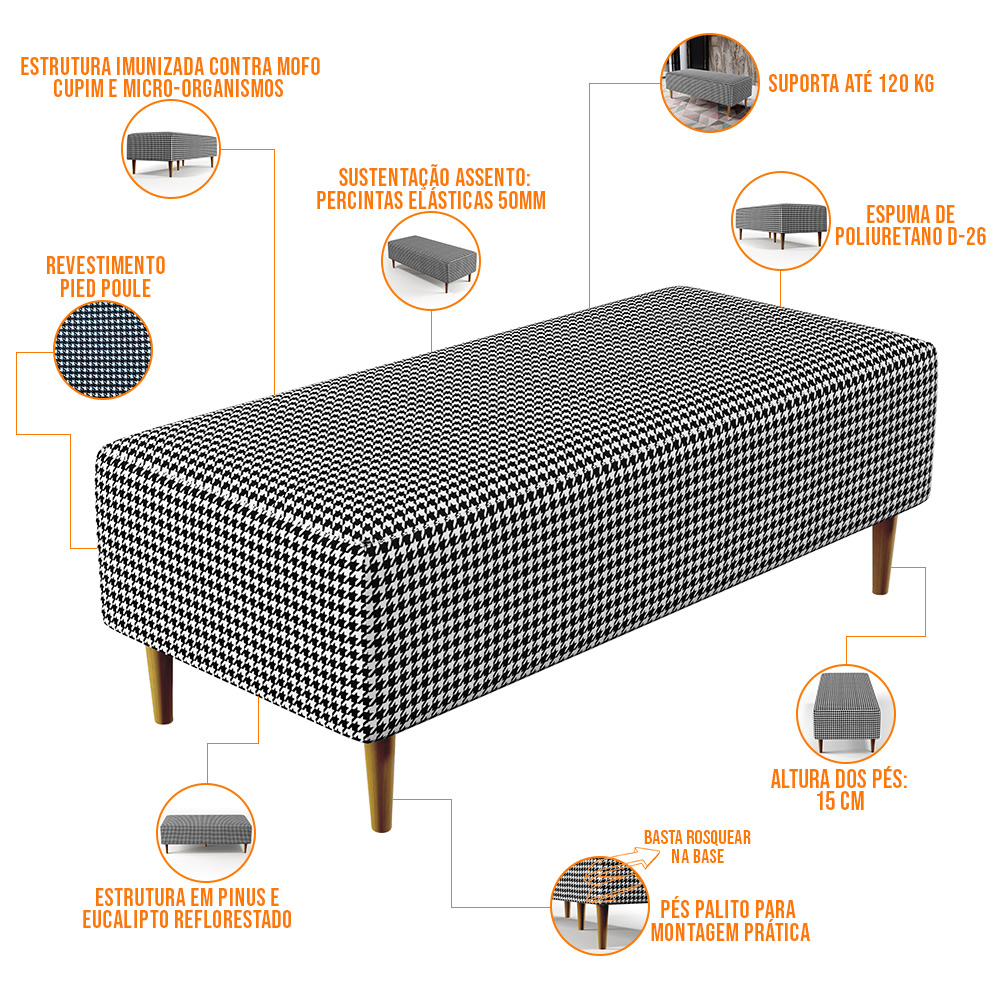 Puff Decorativo Sala de Estar Bali W01 Pés Palito 120x50cm Pied Poule - Lyam Decor