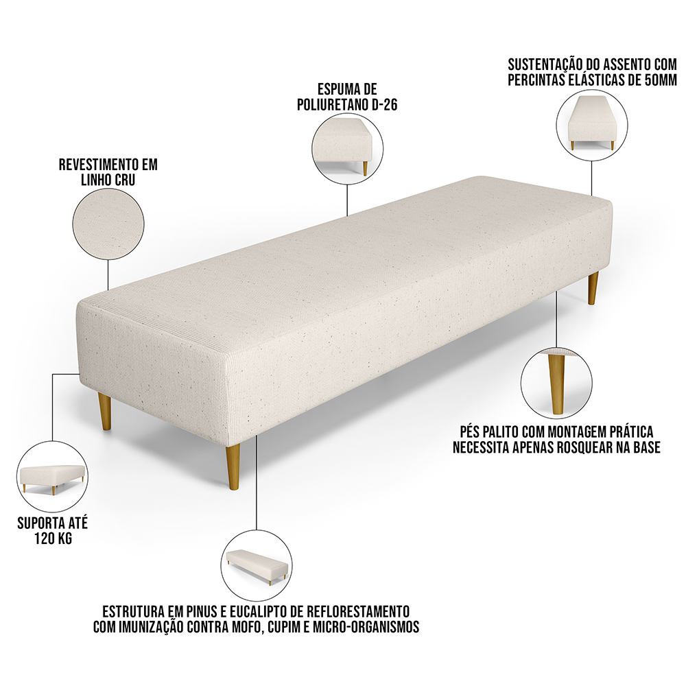 Puff Decorativo Sala de Estar Bali W01 Pés Palito 170x60cm Linho Cru - Lyam Decor