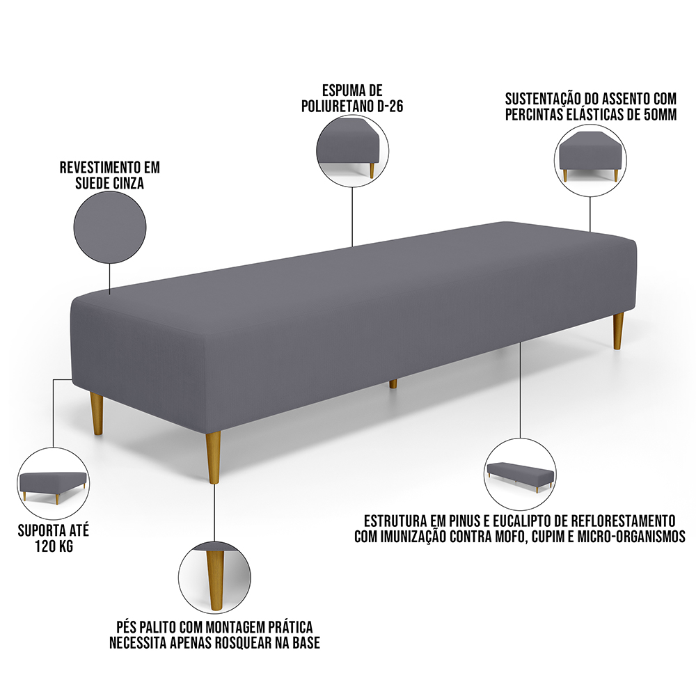 Puff Decorativo Sala de Estar Bali W01 Pés Palito 190x60cm Suede Cinza - Lyam Decor