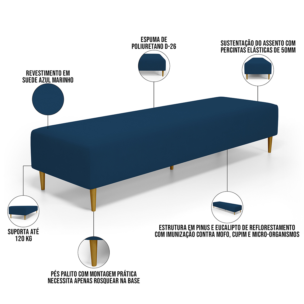 Puff Decorativo Sala de Estar Bali W01 Pés Palito 210x60cm Suede Azul Marinho - Lyam Decor