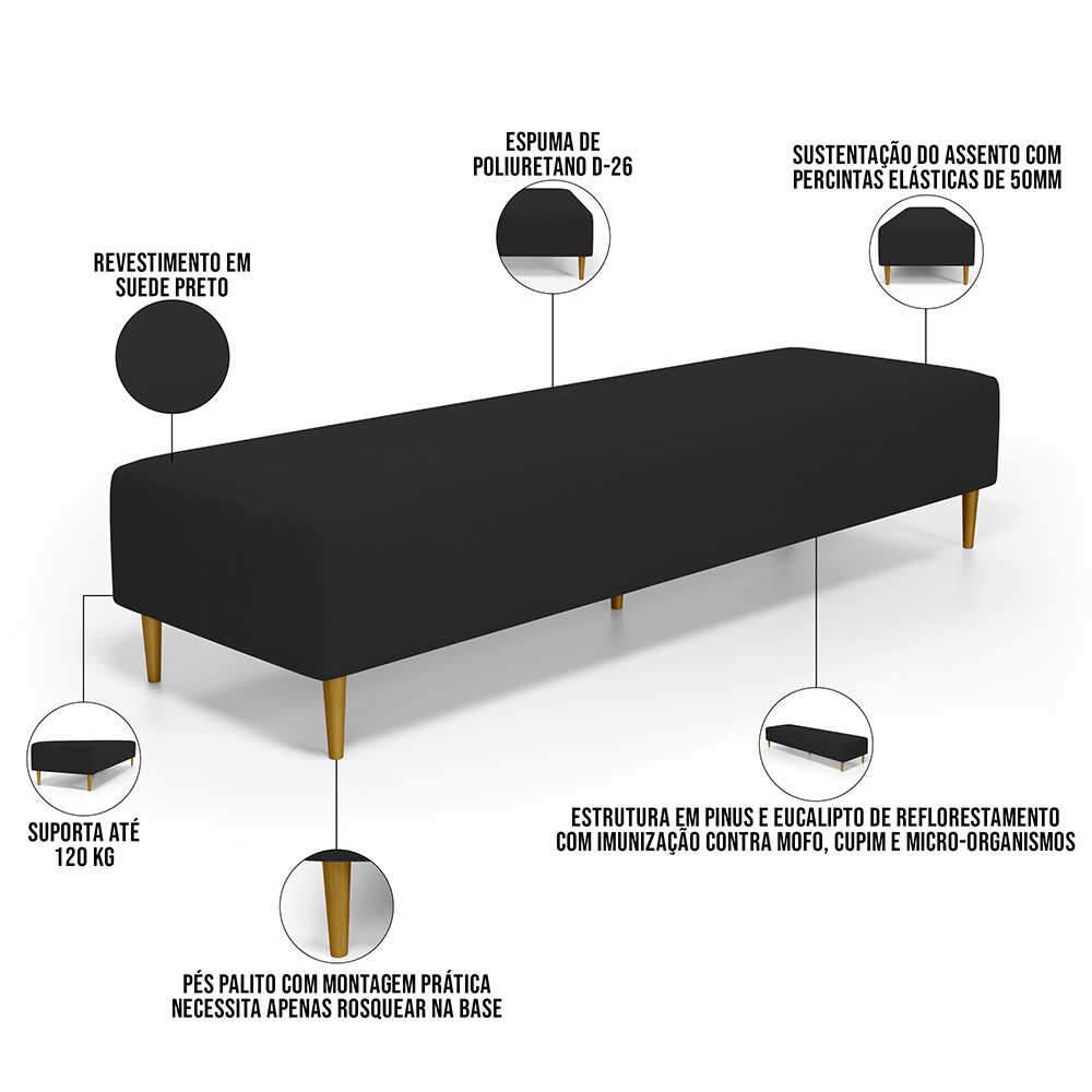 Puff Decorativo Sala de Estar Bali W01 Pés Palito 210x60cm Suede Preto - Lyam Decor