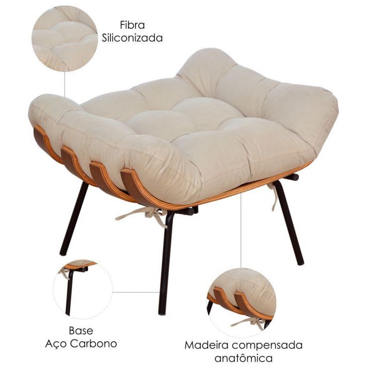 Puff Decorativo Sala de Estar Costela Rib Suede Preto