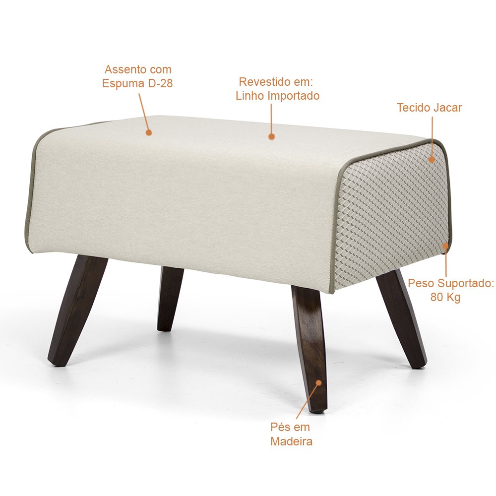 Puff Decorativo com Pés de Madeira Viseo D02 60 cm Linho Bege B-172 - Lyam Decor