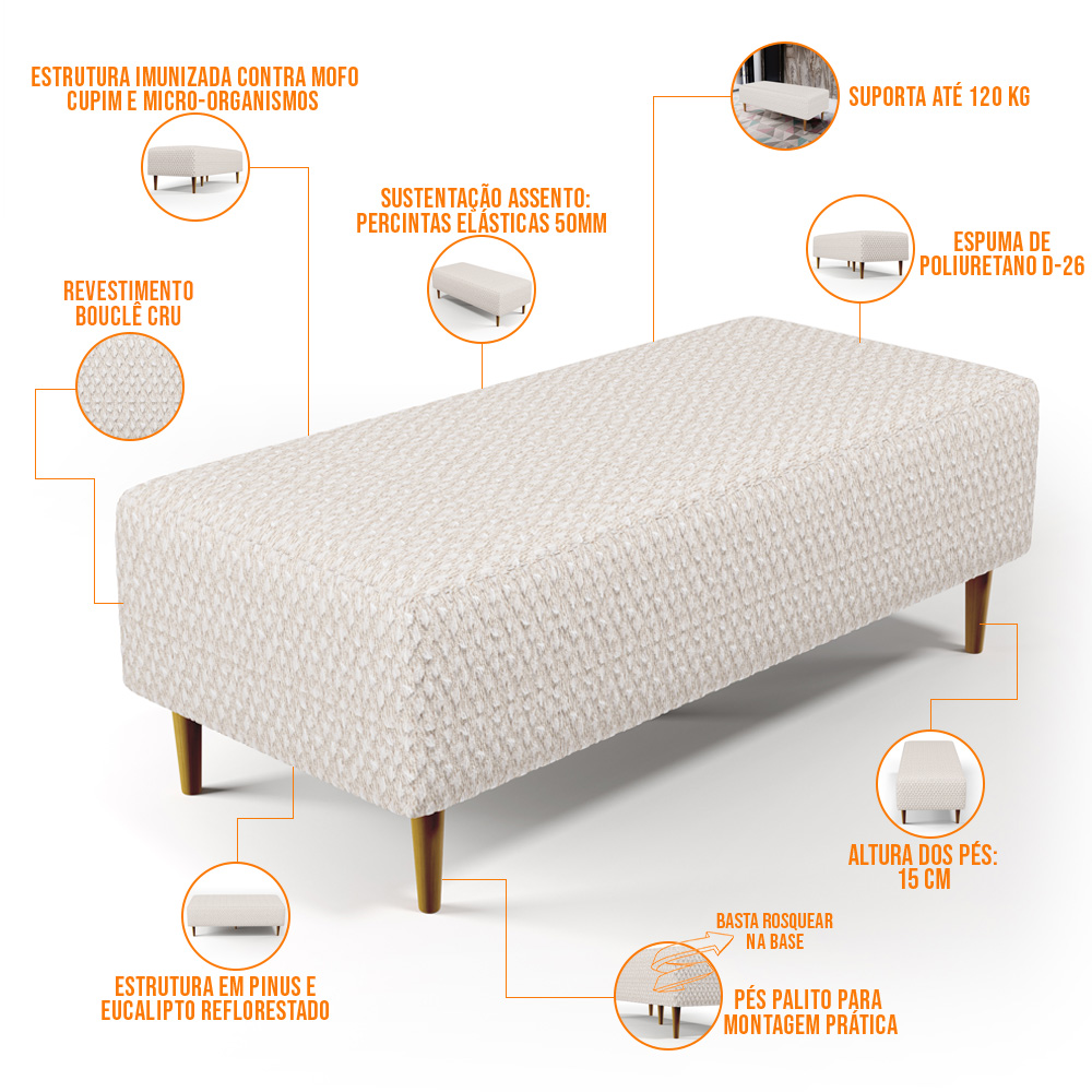 Puff Decorativos Sala de Estar Bali W01 Pés Palito 120x50cm Bouclê Cru - Lyam Decor