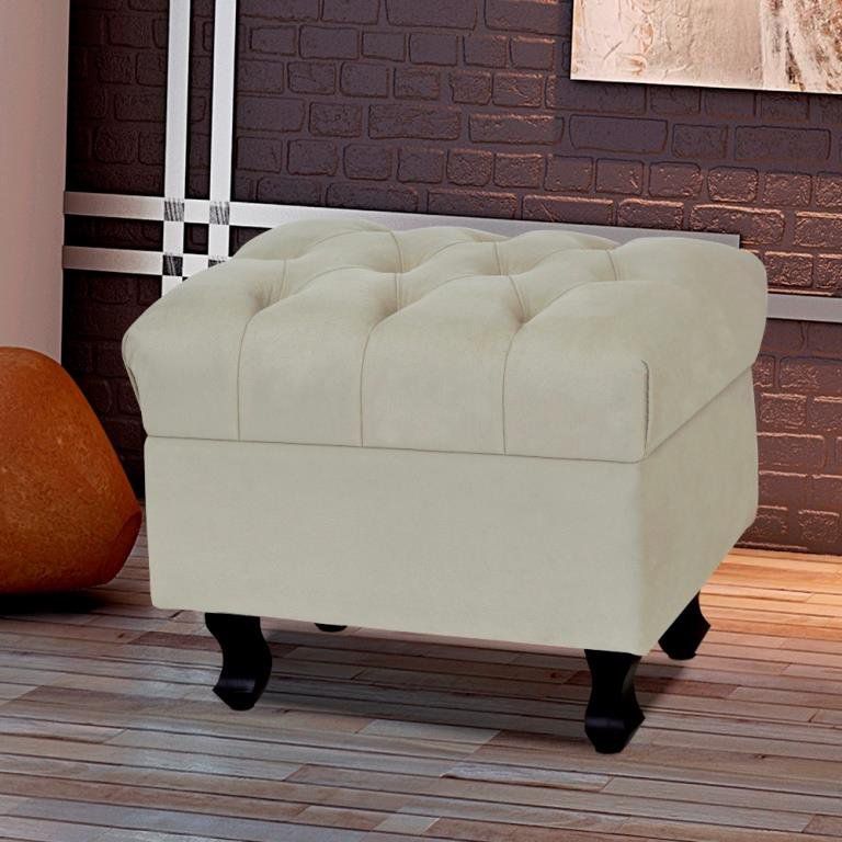 Puff París Luis Xv L02 Capitone Suede Bege Pés Madeira - Lyam Decor