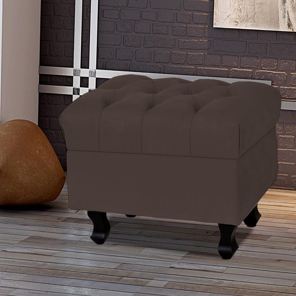 Puff París Luis Xv L02 Capitone Suede Marrom Pés Madeira - Lyam Decor