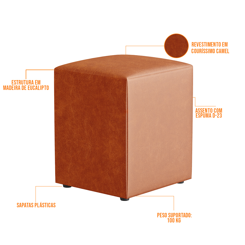 Puff Quadrado Decorativo L02 Sala de Estar Couríssimo Camel - Lyam Decor