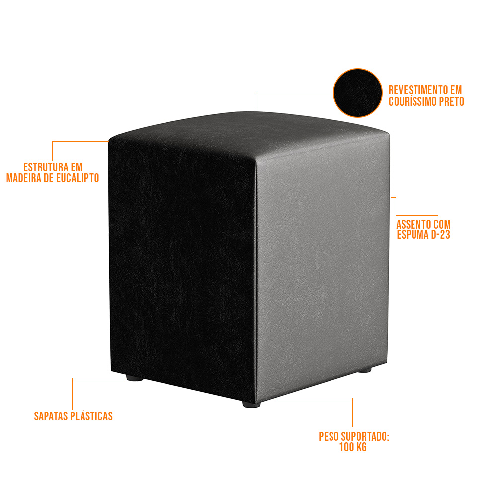 Puff Quadrado Decorativo L02 Sala de Estar Couríssimo Preto - Lyam Decor