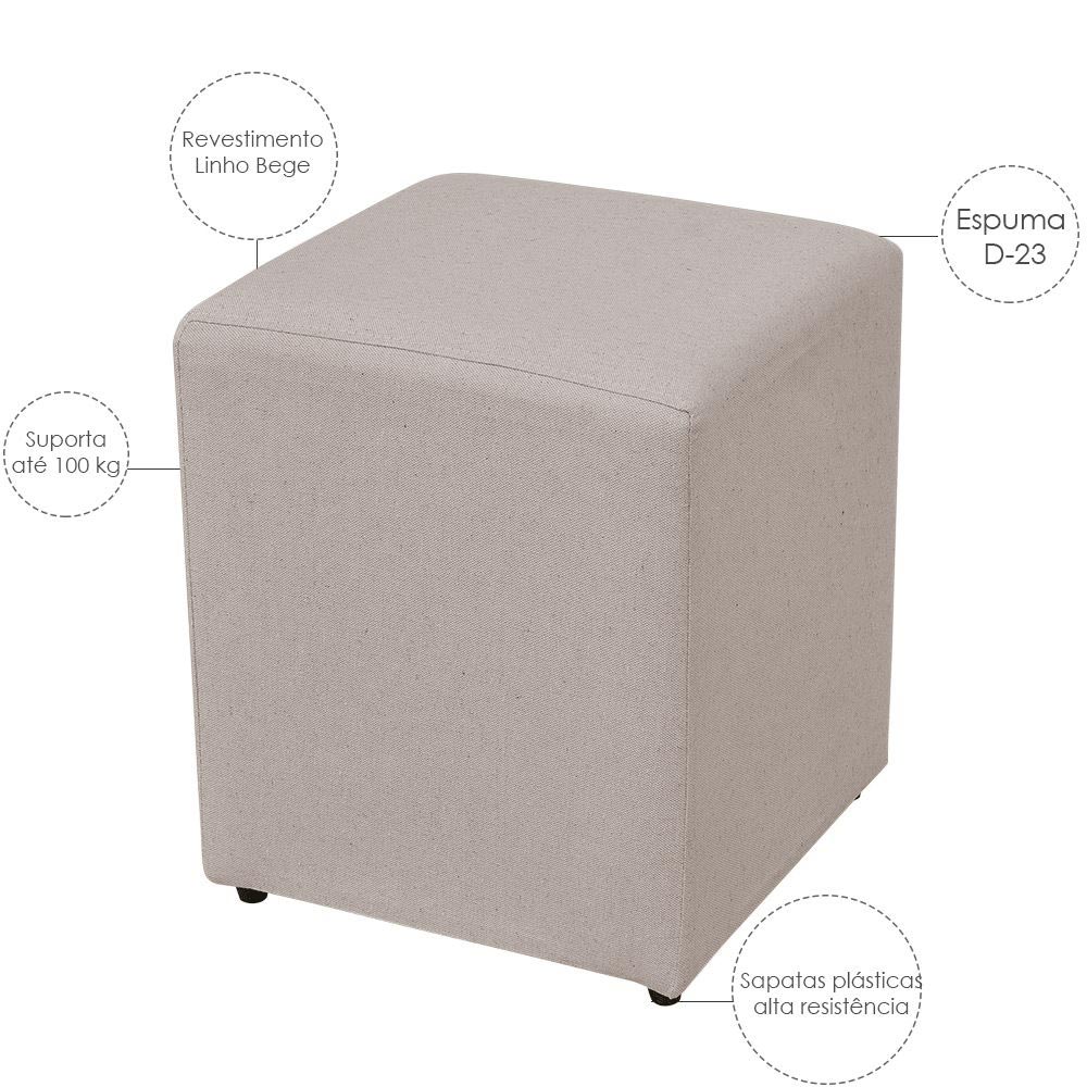Puff Quadrado Decorativo L02 Sala de Estar Linho Bege - Lyam Decor
