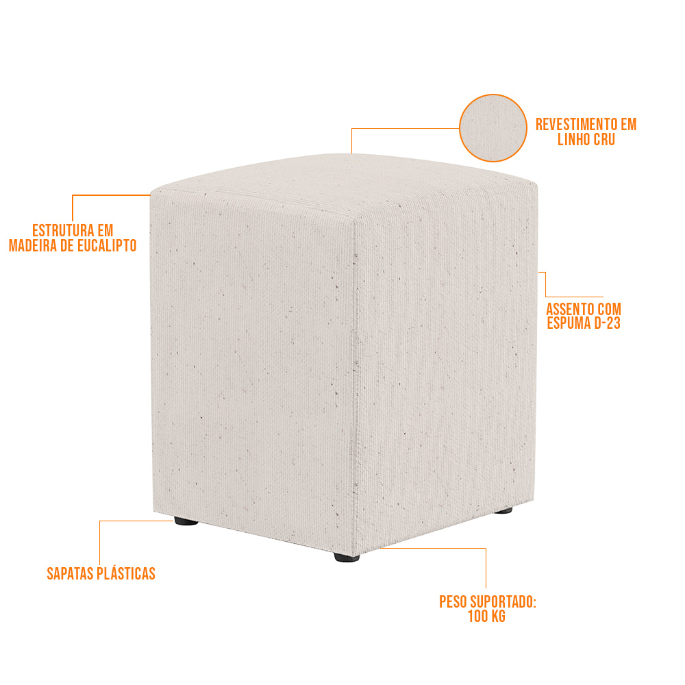 Puff Quadrado Decorativo L02 Sala de Estar Linho Cru - Lyam Decor