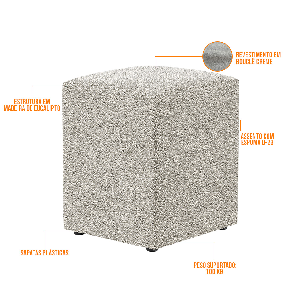 Puff Quadrado Decorativo Sala De Estar L02 Bouclê Creme - Lyam Decor