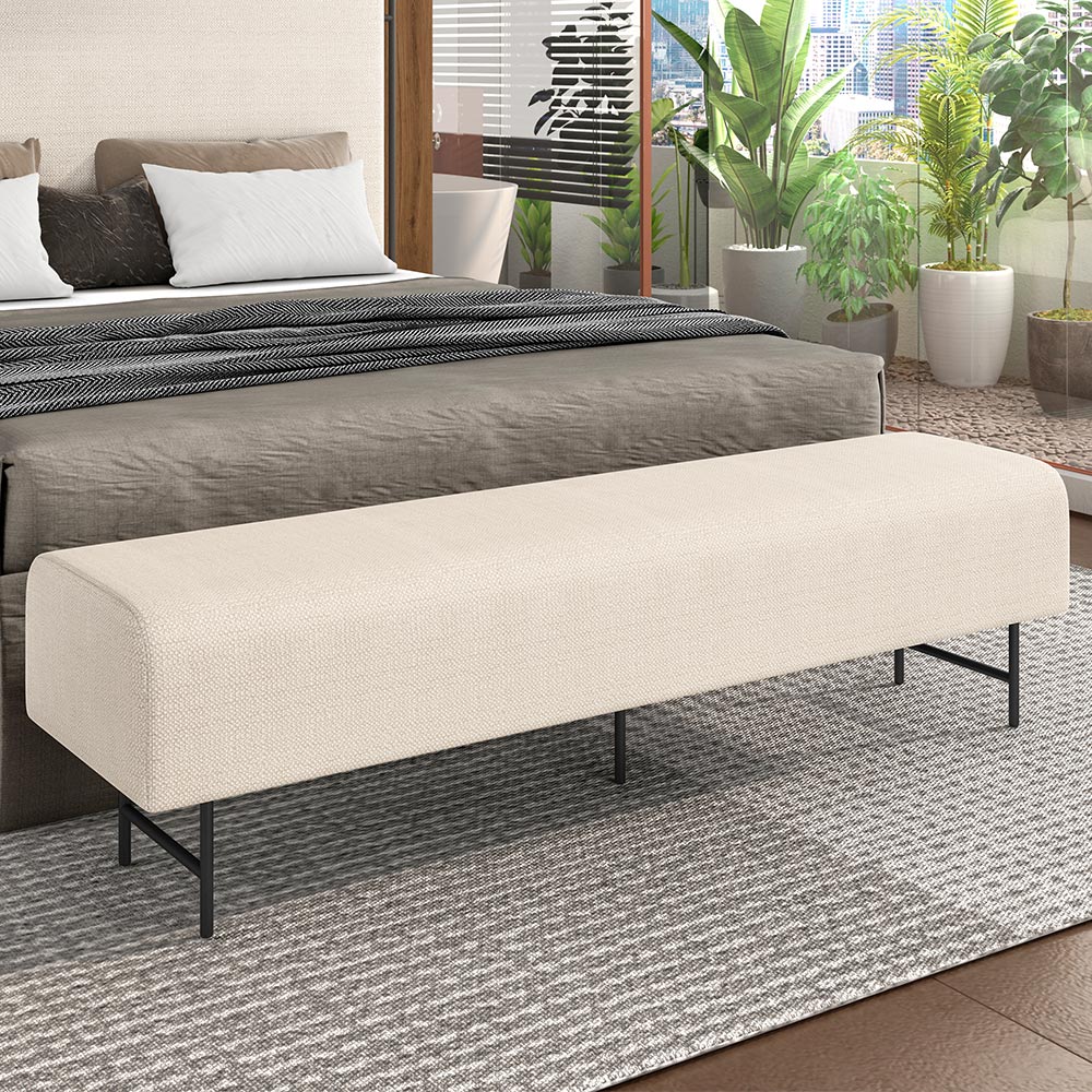 Puff Recamier Decorativo com Pés Industrial 140cm Novara P05 Linho Creme - Lyam Decor