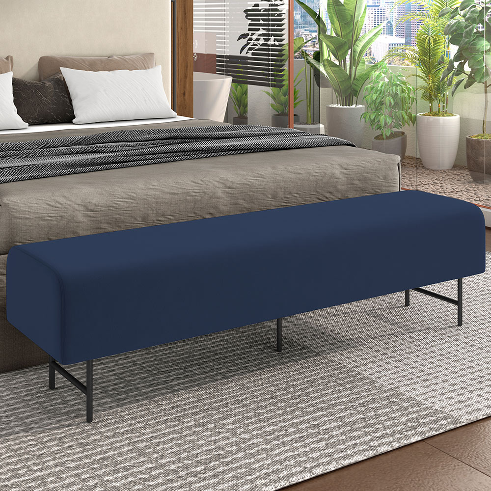 Puff Recamier Decorativo com Pés Industrial 140cm Novara P05 Veludo Azul Marinho - Lyam Decor