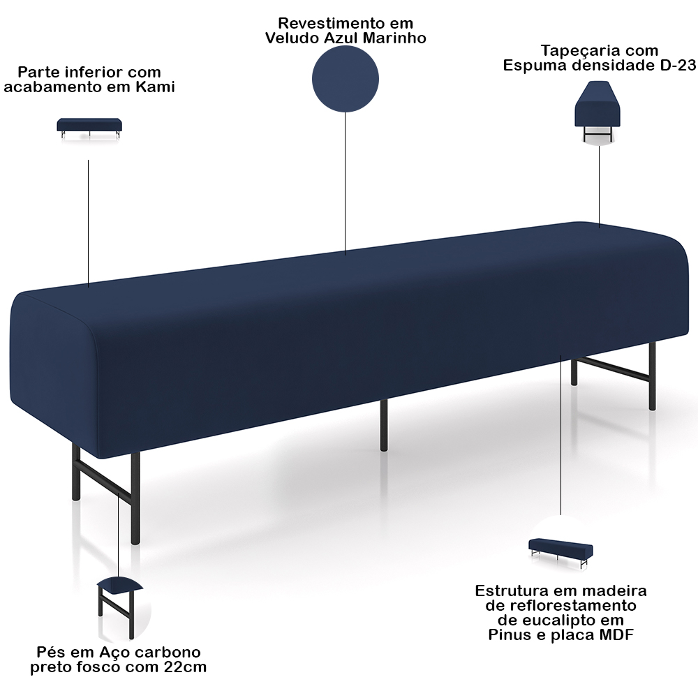 Puff Recamier Decorativo com Pés Industrial 140cm Novara P05 Veludo Azul Marinho - Lyam Decor
