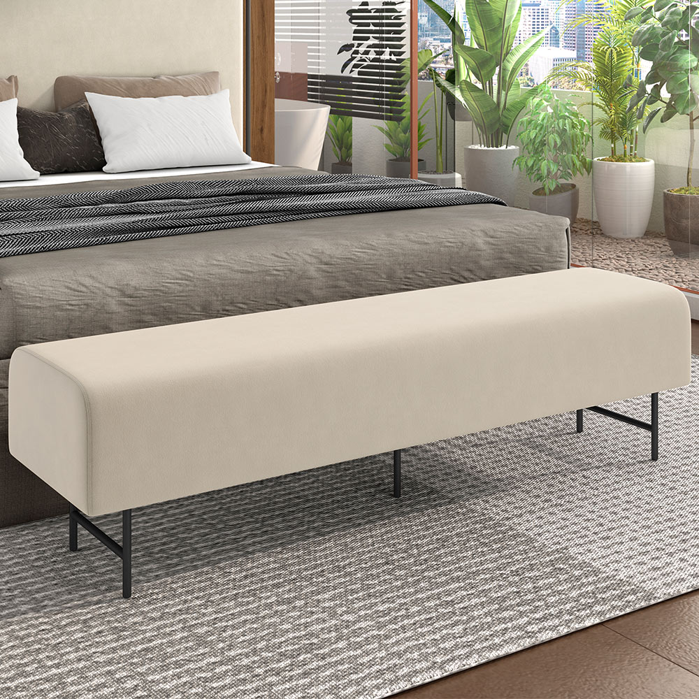 Puff Recamier Decorativo com Pés Industrial 140cm Novara P05 Veludo Bege - Lyam Decor