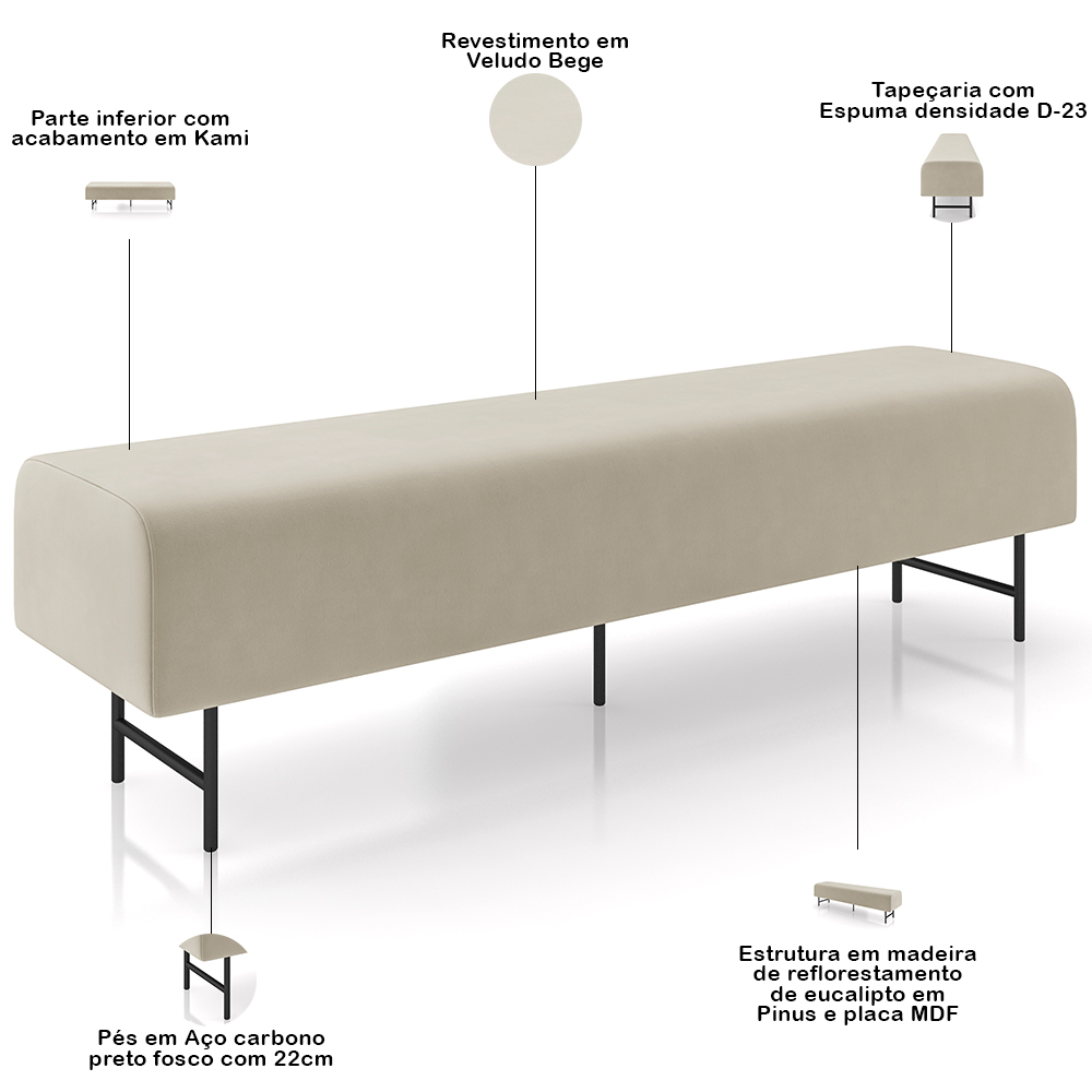 Puff Recamier Decorativo com Pés Industrial 140cm Novara P05 Veludo Bege - Lyam Decor