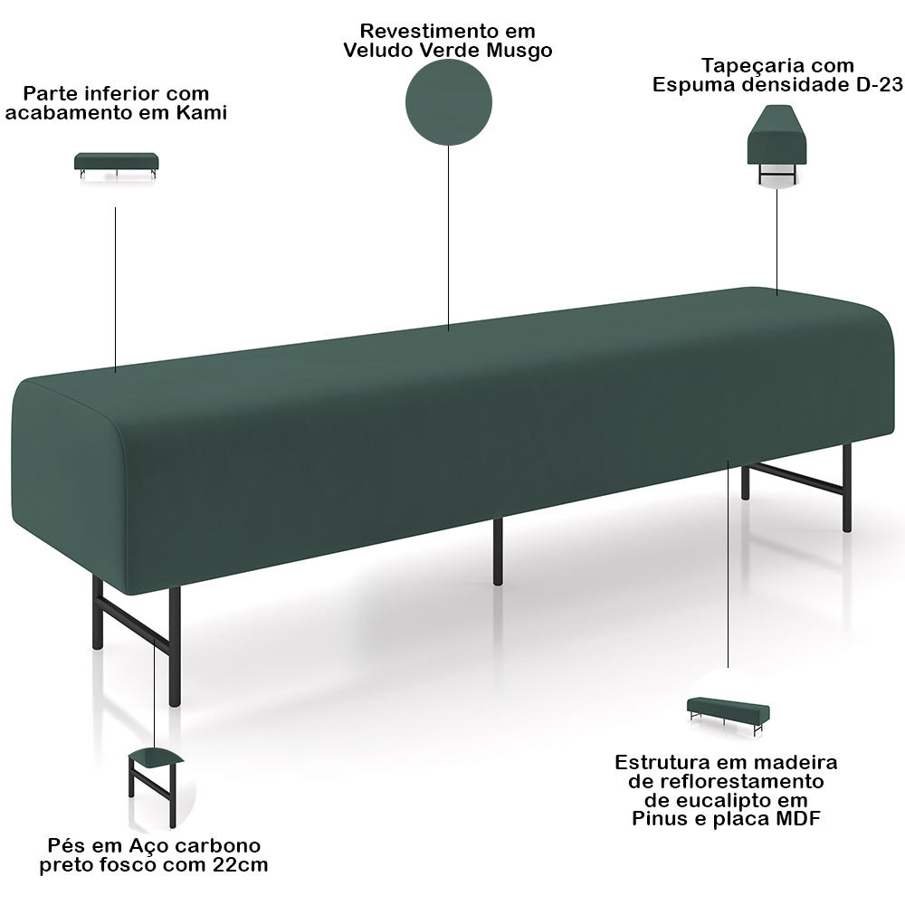Puff Recamier Decorativo com Pés Industrial 140cm Novara P05 Veludo Verde Musgo - Lyam Decor