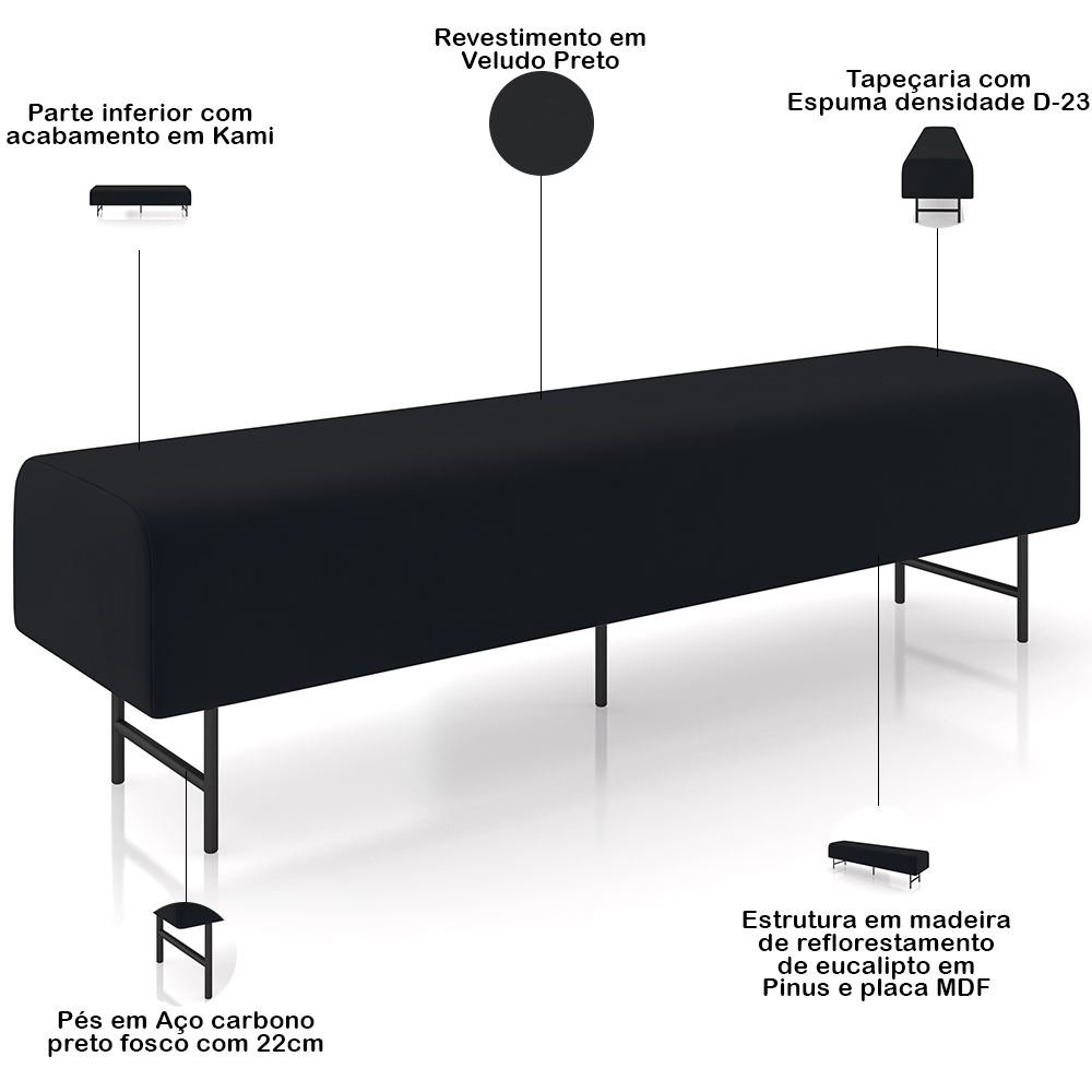 Puff Recamier Decorativo com Pés Industrial 160cm Novara P05 Veludo Preto - Lyam Decor