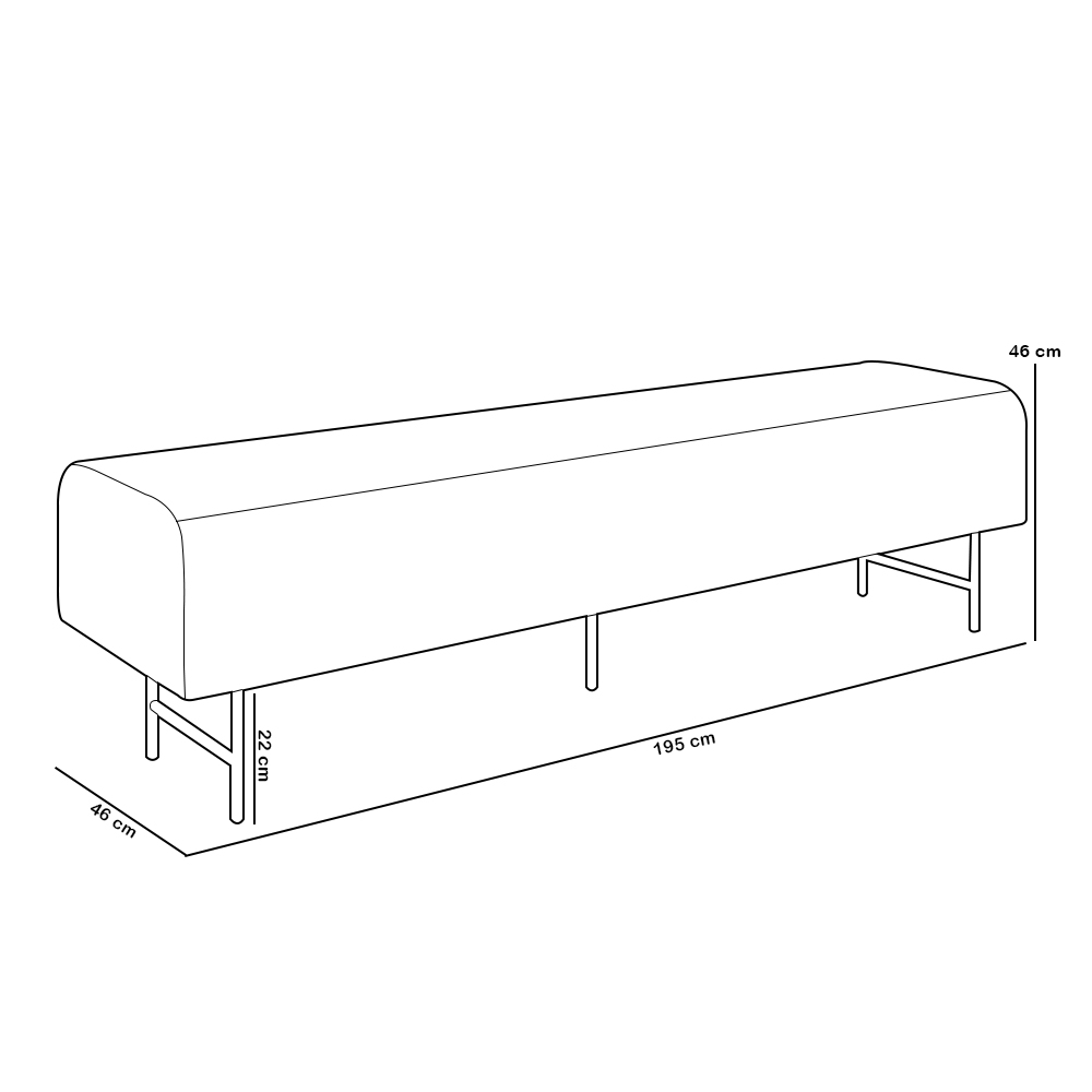 Puff Recamier Decorativo com Pés Industrial 195cm Novara P05 Veludo Azul Marinho - Lyam Decor