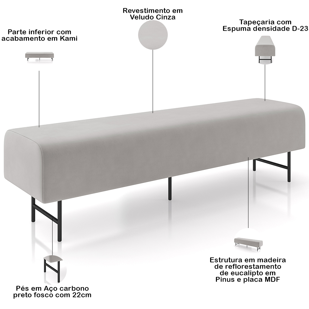 Puff Recamier Decorativo com Pés Industrial 195cm Novara P05 Veludo Cinza - Lyam Decor