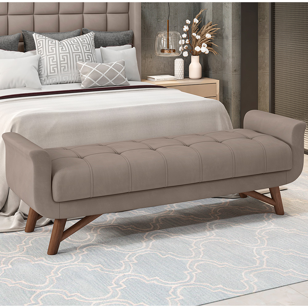 Puff Recamier Decorativo com Pés em Madeira 140 cm Itália P05 Veludo Bege - Lyam Decor