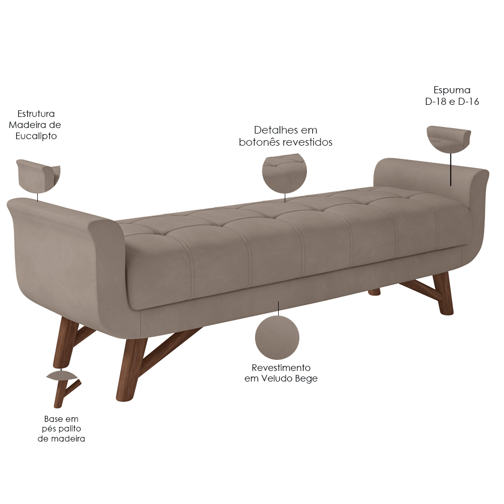 Puff Recamier Decorativo com Pés em Madeira 140 cm Itália P05 Veludo Bege - Lyam Decor